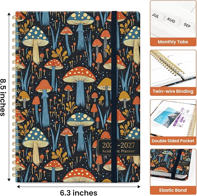 Planner 2026-2027, Academic Year Monthly and Weekly Calendar Planner, Jul 2026 - Jun 2027, Hardcover Teacher Student Planning Agenda book with Tabs, Perfect for School Office Supplies, 6.3" x 8.5" - Enchanted Mushrooms