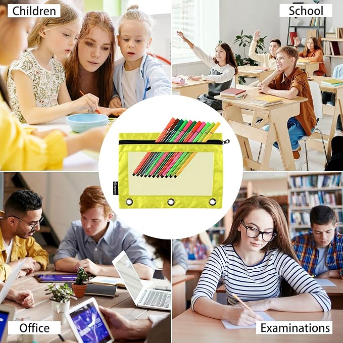 Gredecor Binder Pencil Pouch 3 Ring Lemon Yellow Zipper Pencil Pouches Case 2 Pack Clear Binder Organizer for School Office
