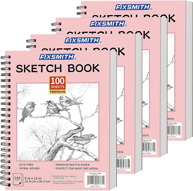 FIXSMITH 9"X12" Pink Sketch Book, 400 Sheets (68 lb/100gsm) Spiral Sketchbook, Acid Free Drawing Paper, Sketch Pad for Beginners,Artists & Professionals, Bright White