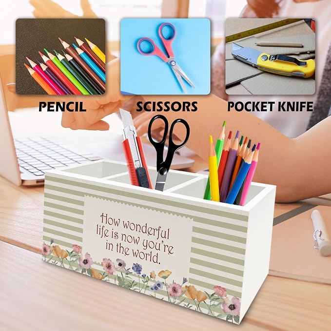 Girls Room Floral Pen Pencil Holder Organizer for Desk, How Wonderful Life Is Now You're in the World Neutral Striped Flower Wooden Box Signs Decorations for Kids Girls Nursery Room Desk Tabletop