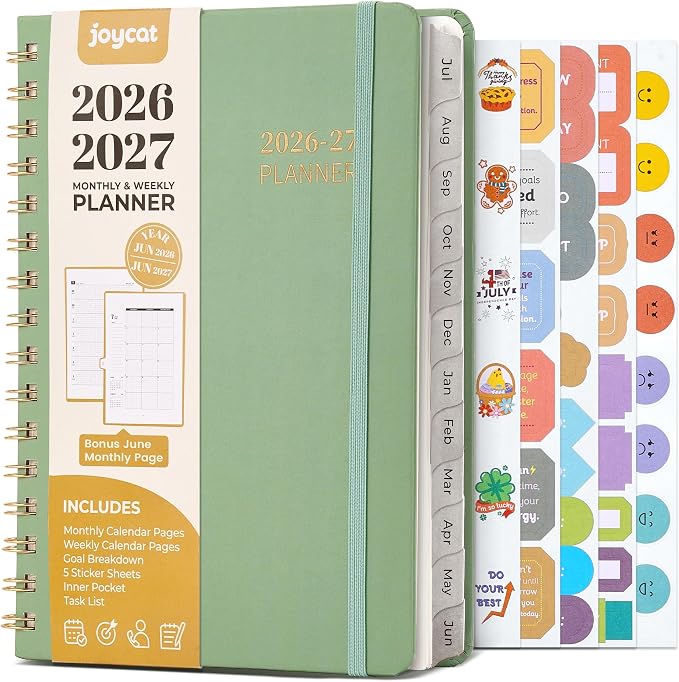 JoyCat Academic Planner 2026-2027, A5 Weekly & Monthly, Green | July 2026-June 2027 A5 planner combines weekly and monthly layouts, tabs, grid notes and sticker sheets.