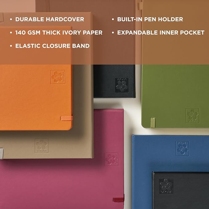 Sakura Notebook Ruled A5 - Japanese-Inspired Lined Notebook for Effortless Writing - 140 GSM Paper - Hardcover - Built-in Pen Holder - Expandable Inner Pocket - Flat-Lay - 5.1 x 8.3" - Mulberry