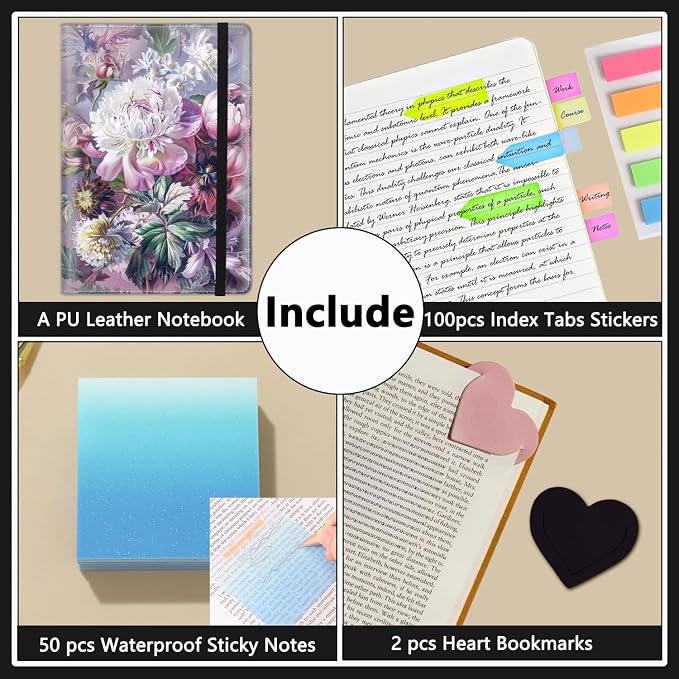 A5 Leather Lined Journal Notebook, 200 Pages Hardcover Executive Notebook for Men Women Office School Note Taking, Thick Writing Paper Daily Journal with Bookmarks/Indexes, Peony