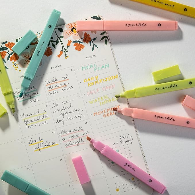 DIVERSEBEE Glitter Bible Highlighters with Soft Chisel Tip (Sunshine) | 5 Pack Assorted Color Pens No Bleed, Quick Dry, Cute Aesthetic Marker Set for Bible Study Journaling Supplies