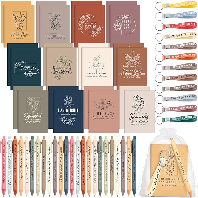 Mooliwe 24 Set Positive Affirmation Gift Set Gratitude Notebooks with Pens Keychains Small Bags Motivational Party Favors for Adult Women Coworkers Employee Group (Vibrant)