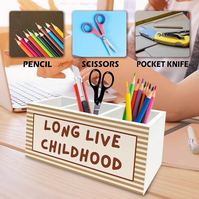Retro Kids Pen Pencil Holder Organizer for Desk, Orange Striped Long Live Childhood Wooden Box Signs Decorations for Home Classroom Kids Room Bedroom Desk Tabletop, Boys Room Decor