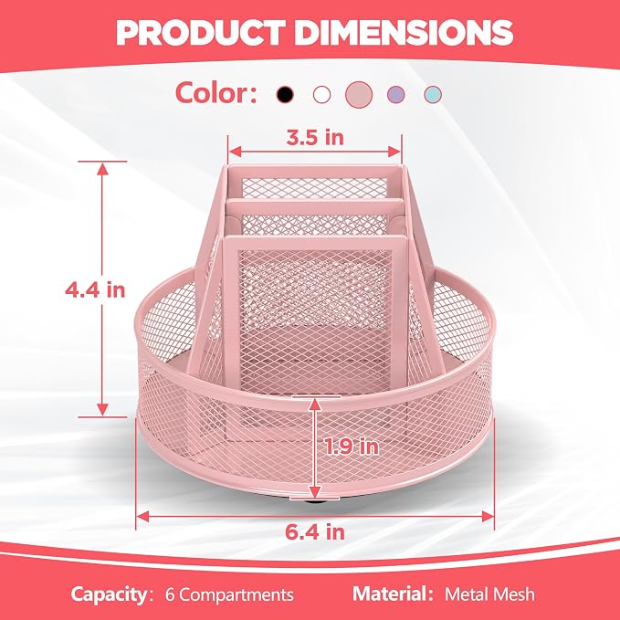 Docnest 360°Rotating Mesh Desk Organizer,6-Compartment Pen Holder,Pink | Heavy-duty metal holder with removable divider. Space-saving stationery storage for pencils, scissors & markers