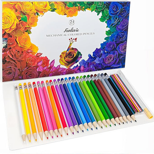 FUNLAVIE 24 Mechanical Colored Pencils with 24 Lead Refills, 48 Pcs Total, 2.6mm Oil-Based Soft Core Drawing Pencils for Adult Coloring Books, Vivid Brilliant Color for Art & Sketching, with Sharpener