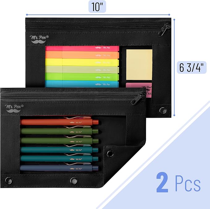Mr. Pen- Pencil Pouch for 3 Ring Binder, 2 Pack, 10"x6.75", Smooth Zipper | Clear Window, Large Capacity Pencil Case with 3 Reinforced Grommets for School, Office, Supplies Storage | Clear Window, Large Capacity Pencil Case with 3 Reinforced Grommets f...