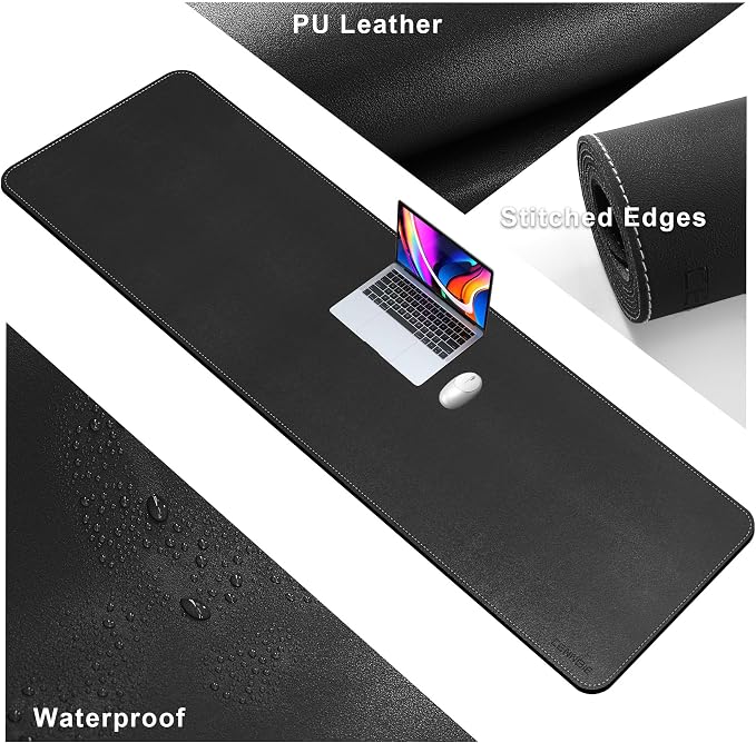 CENNBIE Leather Desk Mat, 71" x 19.6" Large Mouse pad for Desk (Black) | Premium stitched edges resist wear. Easy to clean. Protects desk from spills, stains ,scratches. Smooth glide. Office & home.