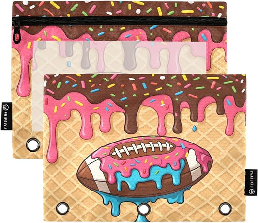 Gredecor 3 Ring Binder Pencil Pouch, American Football Ice Cream Zippered Pen Case Pouches with Clear Window, 2 Pack Stylish Office & School Supplie
