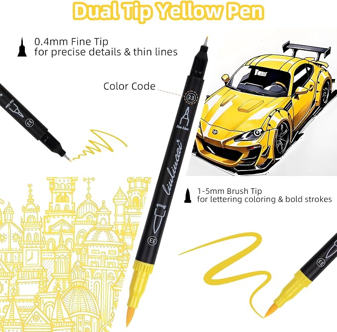LIULIUCAI 10 Yellow Dual Markers, Fine & Brush Tip Pen for Adult Coloring | Yellow Markers, Drawing Pen for Sunflower, Fall Art, Highlights, Hand Lettering & Warm Accents, No Bleeding