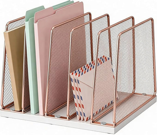 LEKETREE Rose Gold Desk File Organizer, 5-Section Upright File Sorter, Vertical File Folder Holder, Mesh Metal Wood Office Desktop Organization for Document, Magazine, Books and more (Rose Gold)