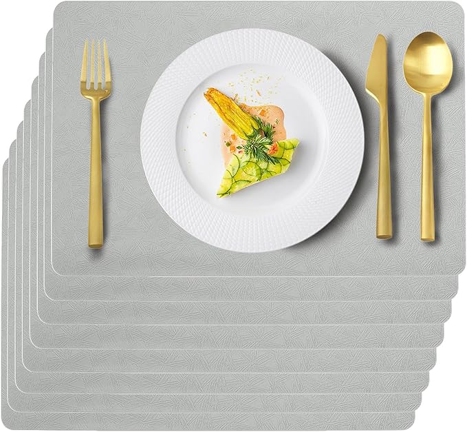 Gray Plastic Placemats Set of 8, Faux Leather Waterproof Table Mats | Light Gray Vinyl placemats,Wipeable and heat resistant table mats.Easy to clean,great for indoor and outdoor