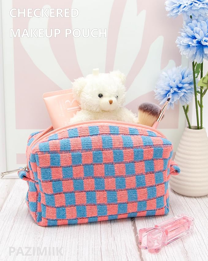 Checkered Makeup Bag for Purse, Small Travel Cosmetic Pouch,Red Blue | Cute Zipper Makeup Organizer for Women, Travel Essentials, Toiletries, Makeup Brushes, Beauty Accessories&Bridesmaid Gifts