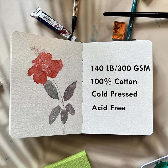 Watercolor Sketchbook, 5x7.5, 140 LB,300 GSM, 100% Cotton, Cold Press | 24 Sheets,48 Pages, tumuarta Watercolor Paper Journal For Use As Travel Sketch book and Mixed Media Pad On The Go