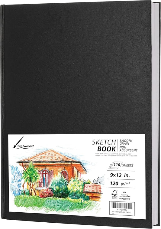 Hardcover Large Size 9" x 12" Sketch Pads for Drawing, 110 Sheets, 80lb/120GSM Mixed Media Pad - Acid Free Paper, Bleedproof, Hardbound Sketchbook, Professional Grade (Pack of 1)