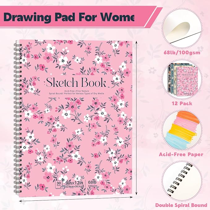 12 Pack Sketch Book, 9 x 12Inch Sketchbook, 68lb/100gsm Top Spiral Bound Sketch Pad, Acid Free Art Supplies Drawing Painting Sketching Paper for Woman Artists (30 Sheets Each)