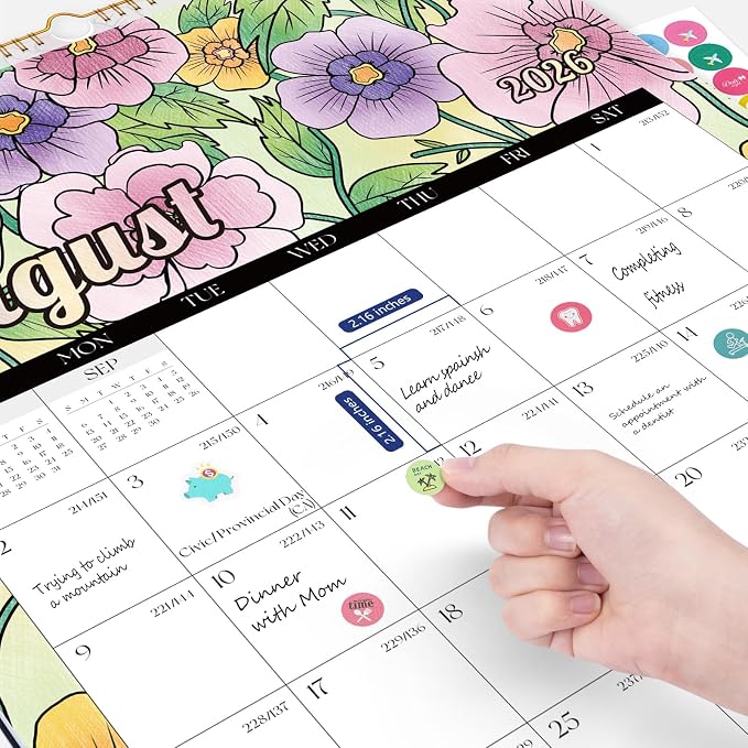 Ospelelf Large Spiral Wall Calendar 2026-2027, 22'' x 17'' Monthly Coloring Calendar, 18 Month Painting Calendar for Family, Kids, Use Jan 2026 - June 2027, Floral