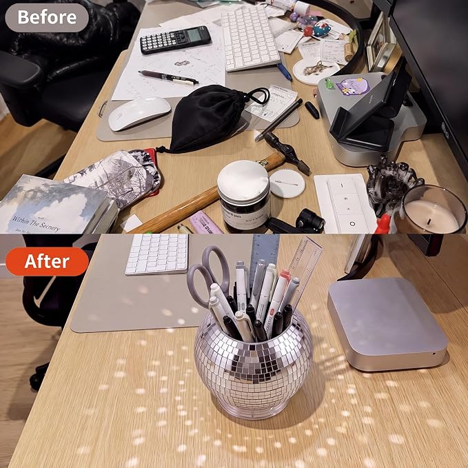 Disco Ball Pencil Holder for Desk 360 Degree Rotating Pen Makeup Brush Organizer with Silver Sequins 4.5 Inch Disco Back to School Desk Accessories for Office Classroom Bedroom Decor