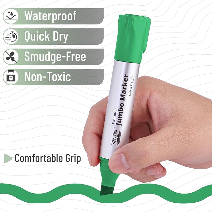 Mr. Pen- Jumbo Permanent Markers, 4 Pack, Green, Chisel Tip, Wide Tip | Large, Thick Permanent Markers for Canvas, Posters Board, Fabric, Window, Glass, Wood, Waterproof, Quick Dry