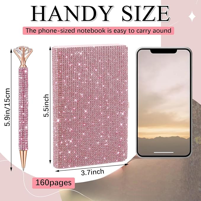 Rhinestone Pen & Glitter Notebook Set, Hard Cover Bling Diary Journal for Girls, Cute School Supplies for Back to School, Sparkly Desk Accessories Gift for Women(Rhinestone,A6,Pink)