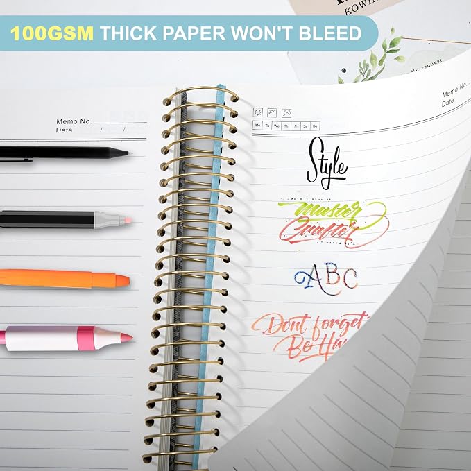 Spiral Notebook Wide Ruled Leather Journal for Women, 300 Pages, 7X10,Blue | Large Notebooks for School Office, Note Taking Notebooks for Writing Lined Notebook with Tabs Pockets Pen Holder