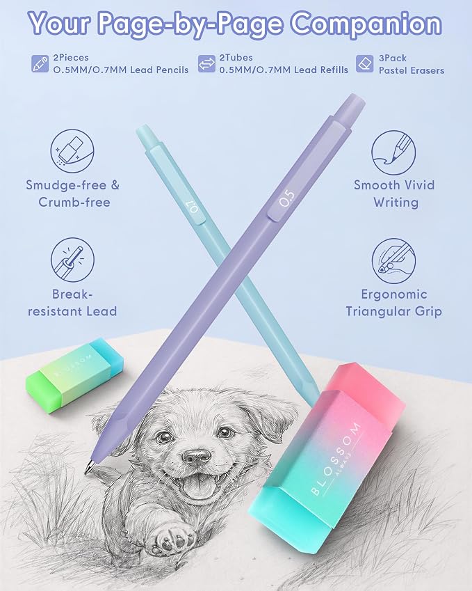 XKDOUS Cute Aesthetic School Supplies, Mechanical Pencils 0.5 & 0.7mm with 240 Lead Refills, 5 Black Gel Pens, Colored Index Stickers Stationery Set for Writing Drawing Office