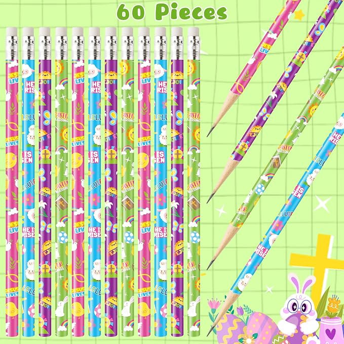 Xqumoi 60Pcs Easter Religious Pencils with Eraser - He is Risen Christian #2 HB Pencils, Sunday School Classroom Student Rewards Office Supply Holiday Gift Goodie Bag Fillers Stuffers Party Favors