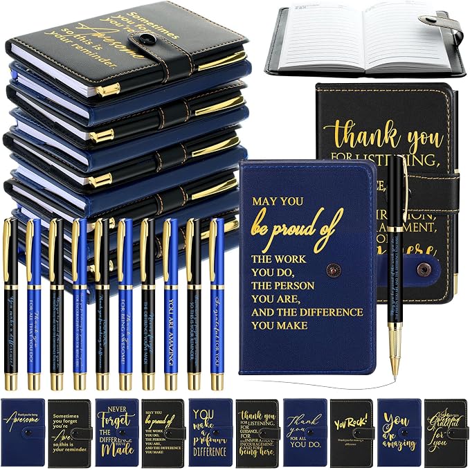 Dispowreath 20 Sets Thank You Leather Journal Notebook with Appreciation Ballpoint Pen Employee Gift for Teacher Nurse Coworker Team Office Staff Vet Tech Housekeeper (Black and Blue,Appreciation Sign)