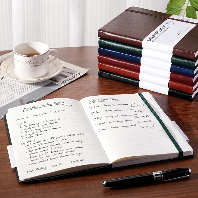 Hardcover Executive Notebooks 6 Pack, A5 Lined Journals with PU Leather Cover, 200 Pages 100 GSM Paper, Pocket, Bookmark & Strap for Office, Meetings & Everyday Writing