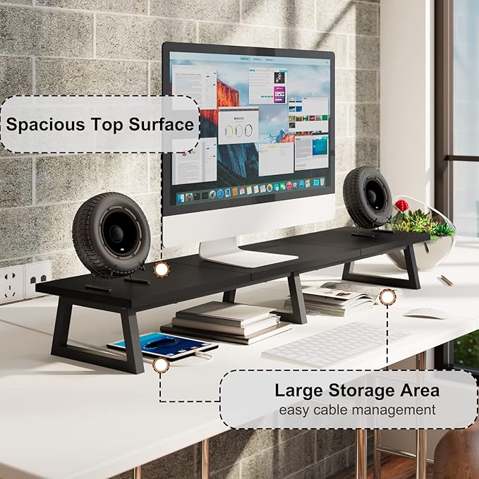 TEAMIX 42 inch Large Dual Monitor Riser, Desk Organizer Stand for TV Laptop | Extra Long Computer Stand Shelf, Wood & Steel TV Riser, Holds 300lbs, Keyboard & PS5 Storage Below, For Home Office & Gaming