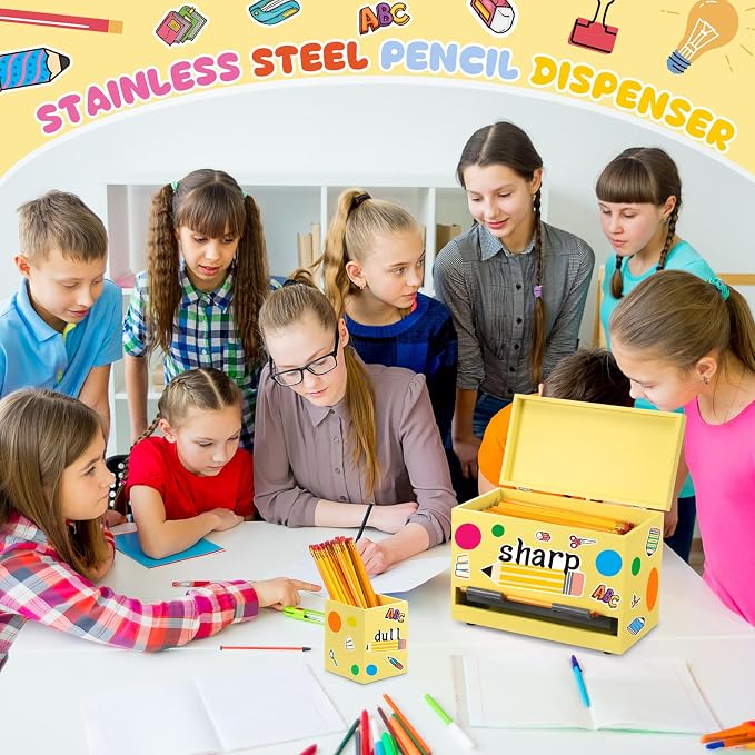 Mifoci 8 Pcs Wooden Pencil Dispenser Kit for Classroom Wooden Pen Holder Straw Dispenser Sharp and Dull Letter Stickers for Teachers Classroom Supplies Storage (Yellow)