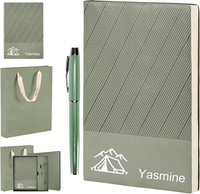 ENOMY Personalized Notebook Set with Pen & Gift Box A5 Leather Custom Notebook 200 Pages Lined Journal for Work,Business,College,Travel,Birthday,Valentine's Day Gift, Green