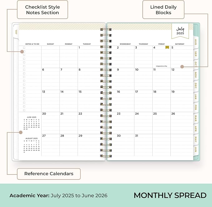 Blue Sky 2025-2026 Weekly & Monthly Academic Planner, 5"x8" | July 2025 - June 2026, Secret Garden Mint, Flexible Cover, Tabs, Storage Pocket, Stickers, Academic Year, Day Designer