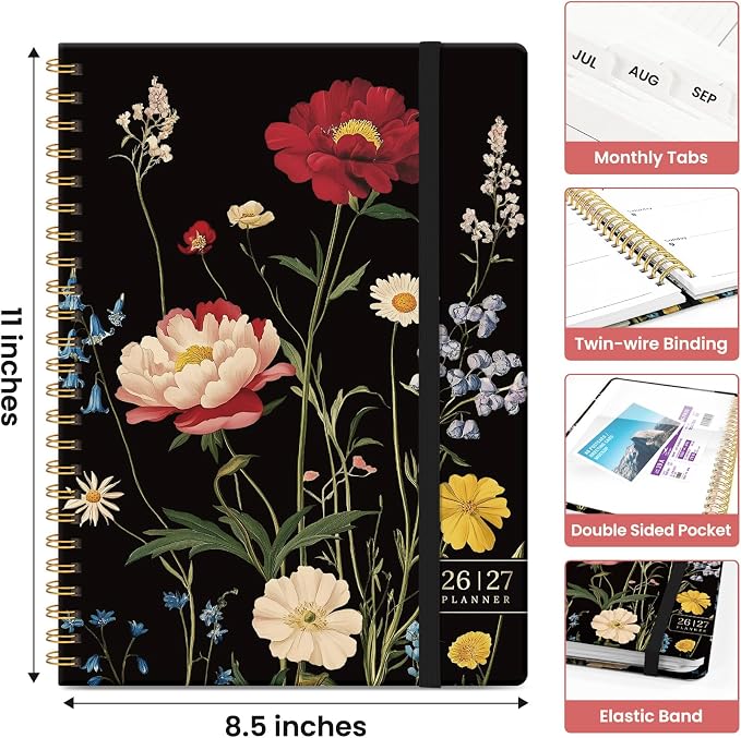 Planner 2026-2027, Academic Monthly and Weekly Calendar Planner for Women, July 2026 - June 2027, Hardcover Pretty Agenda Planner Book with Tabs, Spiral Daily Organizer for School Office Home Supplies, 8.5" x 11" - Peony Bloom