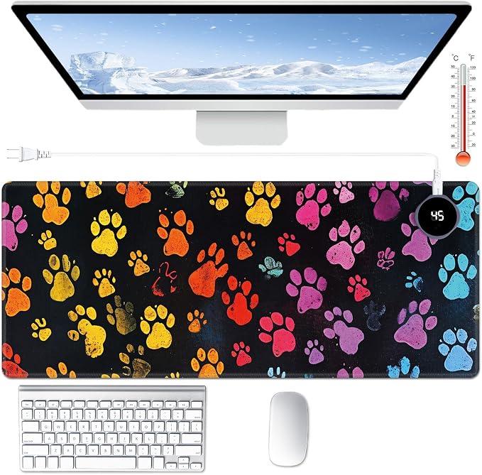 Heated Desk Pad Large Mouse Pad 31.5 x 13 inch with 3 Levels Heating & Auto Shut-Off Warm Mouse pad PU Leather Computer Mousepad for Home Office Work - Colorful Dog Paw