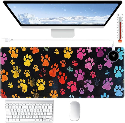 Heated Desk Pad Large Mouse Pad 31.5 x 13 inch with 3 Levels Heating & Auto Shut-Off Warm Mouse pad PU Leather Computer Mousepad for Home Office Work - Colorful Dog Paw