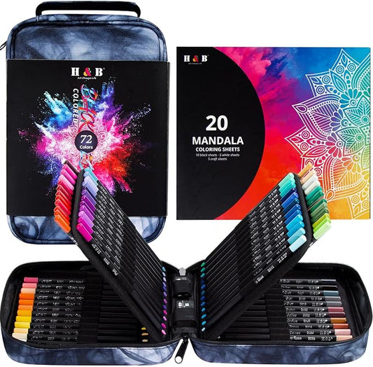 H & B 72-Color Colored Pencils Set with Mandala Coloring Sheets, Eraser, Sharpener - Soft Oil-Based CoresArt Supplies Drawing Kit for Adults, Kids, and Beginners