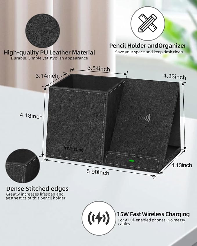 Pen Holder with Wireless Charger, Pencil Holder for Desk, Multi-Functional Desktop Organizer, Desk Organizers and Accessories for Home School Office Supplies, PU Leather Black
