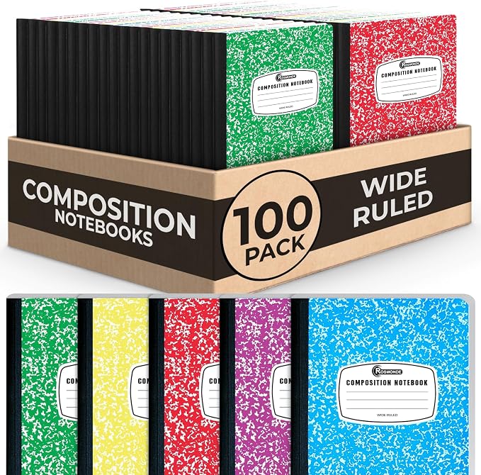 Rosmonde 100 Pack Bulk Composition Notebooks, Wide Ruled, 200 Pages (100 Sheets), 9-3/4 x 7-1/2, Hard Cover, Bulk School Supplies, Assorted Colors Marble Composition Journal, Bulk Notebooks for School