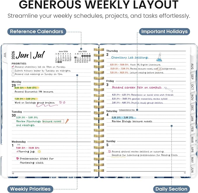 Planner 2026-2027, Academic Year Monthly and Weekly Calendar Planner, Jul 2026 - Jun 2027, Hardcover Teacher Student Planning Agenda book with Tabs, Perfect for School Office Supplies, 6.3" x 8.5" - Blue Art