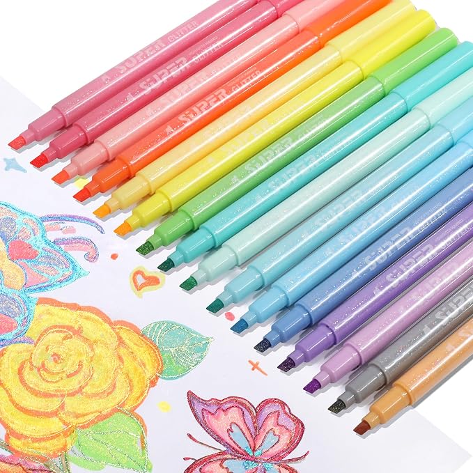 HANKU Glitter Highlighter Markers, 16-Count, Chisel Tip Glitter Highlighters Assorted Colors, Sparkly Markers for Adult Coloring Journaling Art Supplies