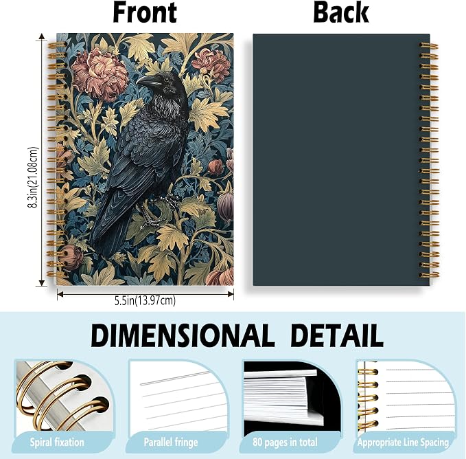 Moody Vintage Black Crow Journal Notebook 5.5x8.3, William Morris Inspired Gothic Raven Journal, Crow Gifts for Women, Dark Academia Floral Notebooks for Work