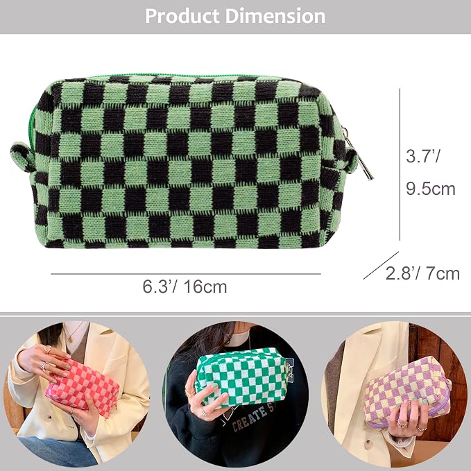 PAZIMIIK Checkered Makeup Bag for Purse Portable Zipper Make Up Pouch Small Cosmetic Case for Travel Accessories (Green Black) | Cute Zipper Makeup Organizer for Women, Travel Essentials, Toiletries, Makeup Brushes, Beauty Accessories&Bridesmaid Gifts
