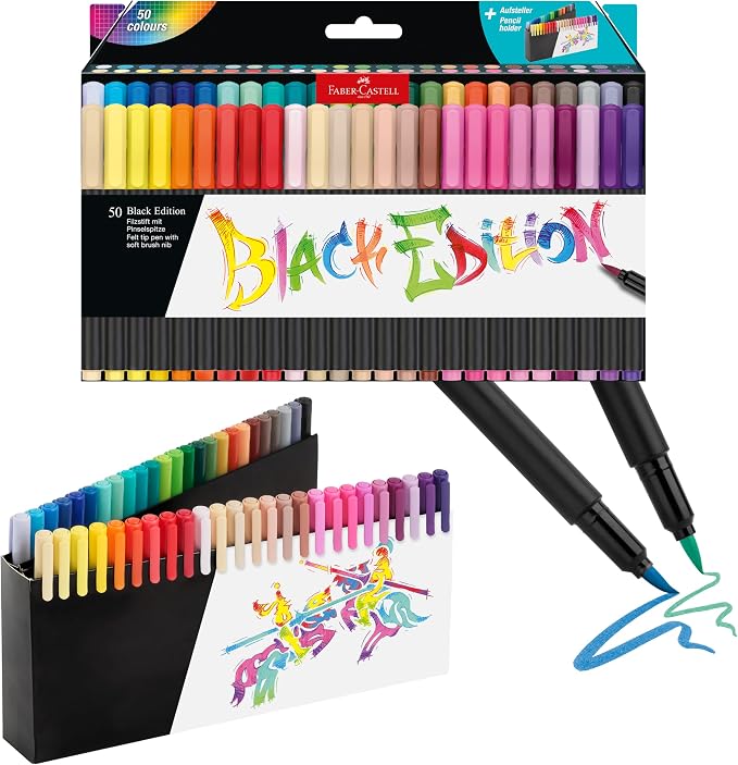 Faber-Castell Black Edition Soft Brush Pens, 50 Felt Tip Markers