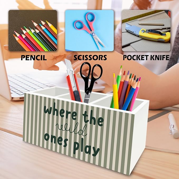 Kids Room Decor Pen Pencil Holder Organizer for Desk, Sage Green Striped Play Room Wooden Box Signs Decorations for Kids Boys Girls Room Bedroom Playroom Desk Tabletop