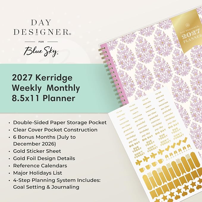 Blue Sky 2027 Day Designer Weekly & Monthly Planner, 8.5"x11", Kerridge | January 2027 - December 2027, Clear Pocket Cover, Durable Twin Wire Binding, Storage Pocket, Stickers