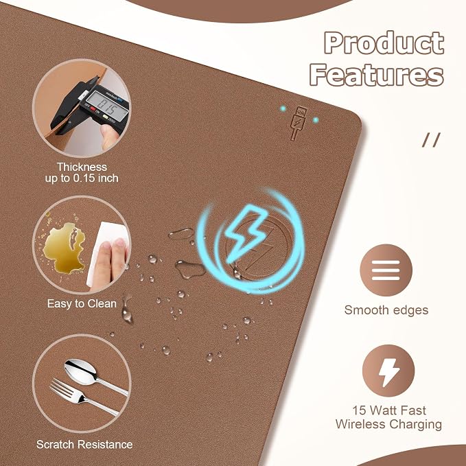 Wireless Charging Mouse Pad Firelison 2 in 1 Leather Multifunctional Office Desk Pad with Non-Slip Rubber Base, Waterproof Desk pad for Computers/Office/Work/Home/Decor（ 32" x 16"Buff - R）