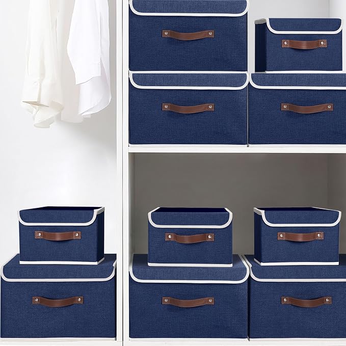 ANMINY 4PCS Storage Bin with Lid Storage Boxes with PU Leather Handles PP Plastic Board Decorative Foldable Lidded Cotton Linen Fabric Home Cubes Baskets Closet Organizer Container - Blue, Medium